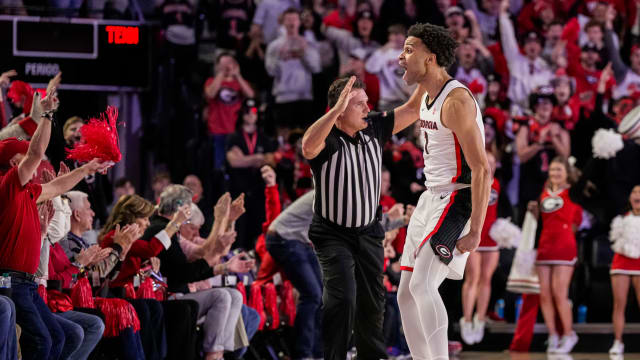 Jan 13, 2024; Athens, Georgia, USA; Georgia Bulldogs guard Jabri Abdur-Rahim (1) reacts to the fans after a three point basket against the Tennessee Volunteers during the first half at Stegeman Coliseum. Mandatory Credit: Dale Zanine-USA TODAY Sports  